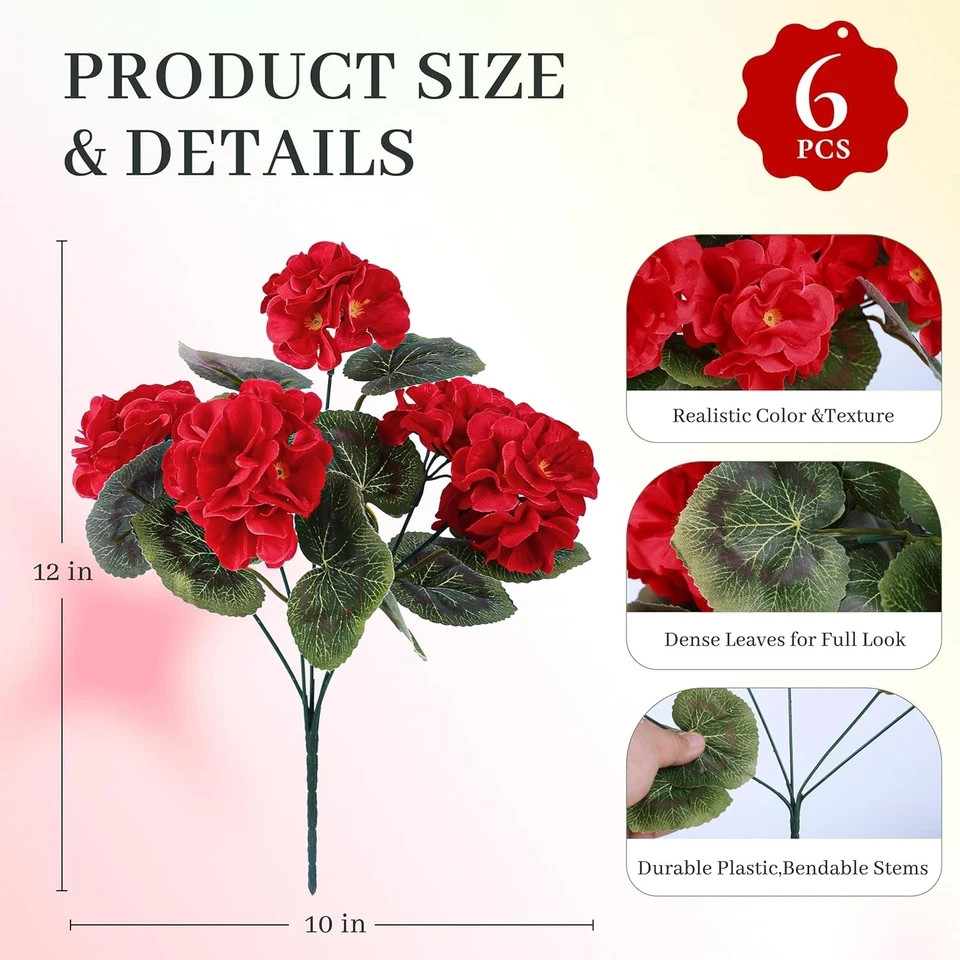 6 Pack Red Artificial Geraniums Flowers for Outdoors UV Resistant Faux Flowers f gallery