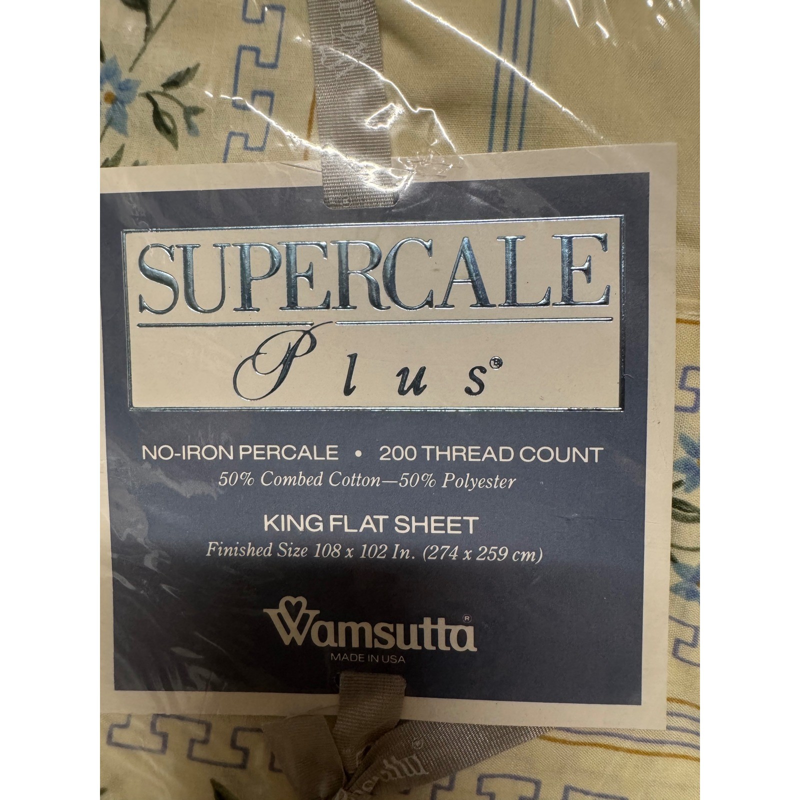 Wamsutta Supercale Plus King Flat Sheet Floral Greek Key Percale 200TC Made USA gallery