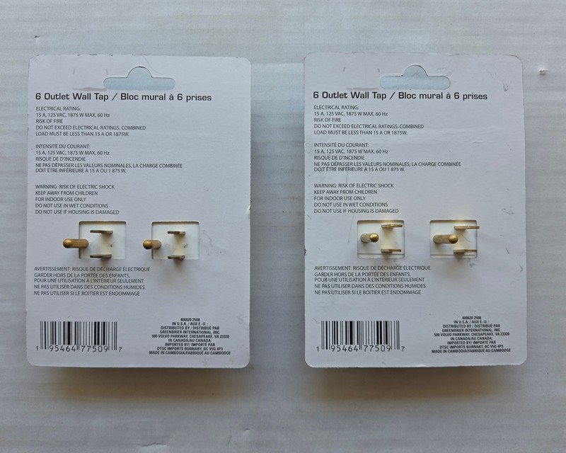 Interlek 6 Grounded Outlets - 6 Outlet Wall Tap - 15A - 125V - 60Hz 1875W Max. gallery