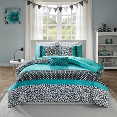 Comforter Set King Black Blue White Strip Animal Print For Teen 4 Piece Bedding