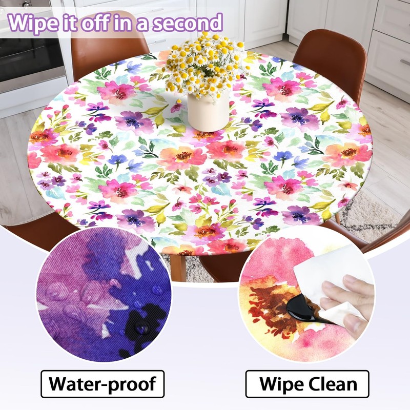 Spring Summer round Fitted Tablecloth with Elastic Edge Watercolor Flower Outdoo gallery
