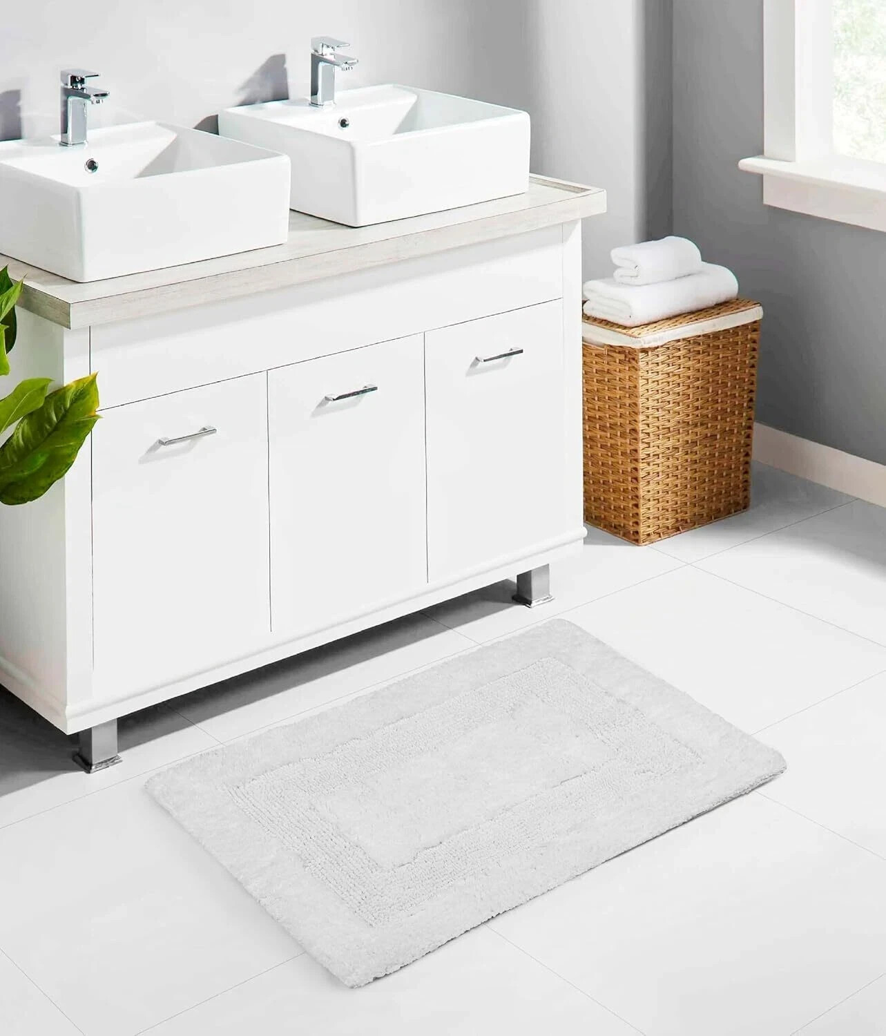 COTTON CRAFT 2 Piece Reversible Step Out Bath Mat Rug Set 17x24 White, 100% Pure gallery