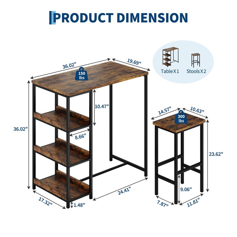 36" Dining Table Set for 2, Kitchen Table and 2 Bar Stools with Storage Shelves gallery