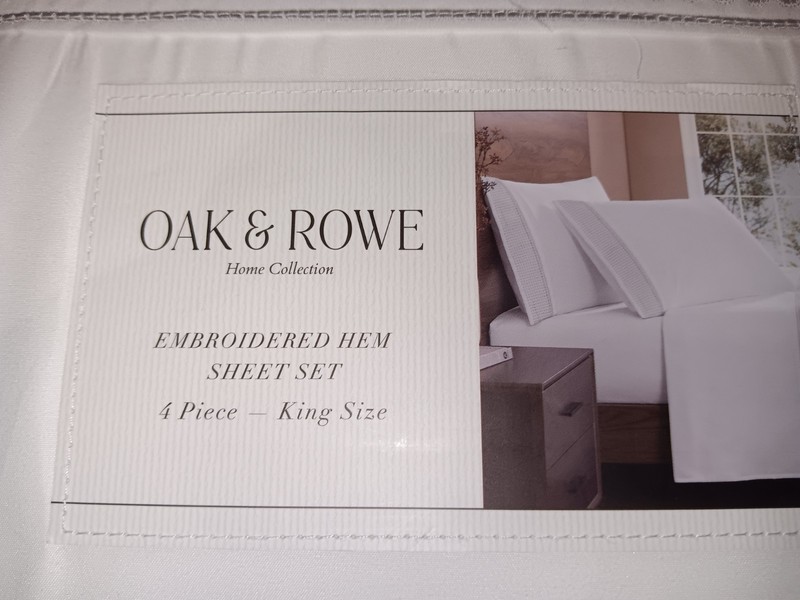 OAK & ROWE WHITE GRAY EMBROIDERED HEM 4 PIECE KING SHEET SET 100% POLYESTER NIP gallery
