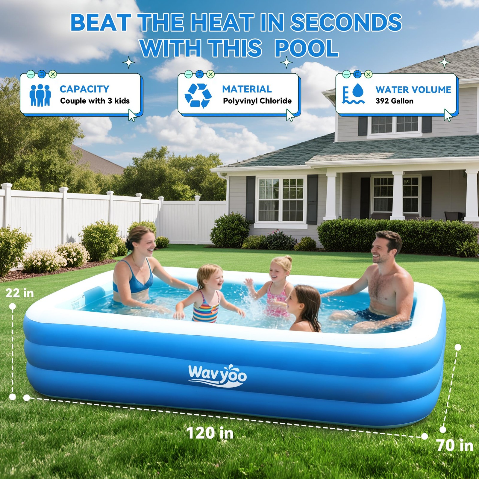Inflatable Pool 120 x70 x22 Large Thickened Blow Up Backyard Blue Kids Adults gallery