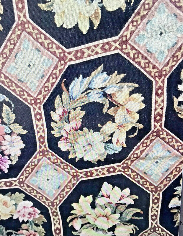 FLORAL GEOMETRIC PANEL NEEDLEPOINT AUBUSSON WOOL RUG FLOWERS BLACK & IVORY 6 X 9 gallery