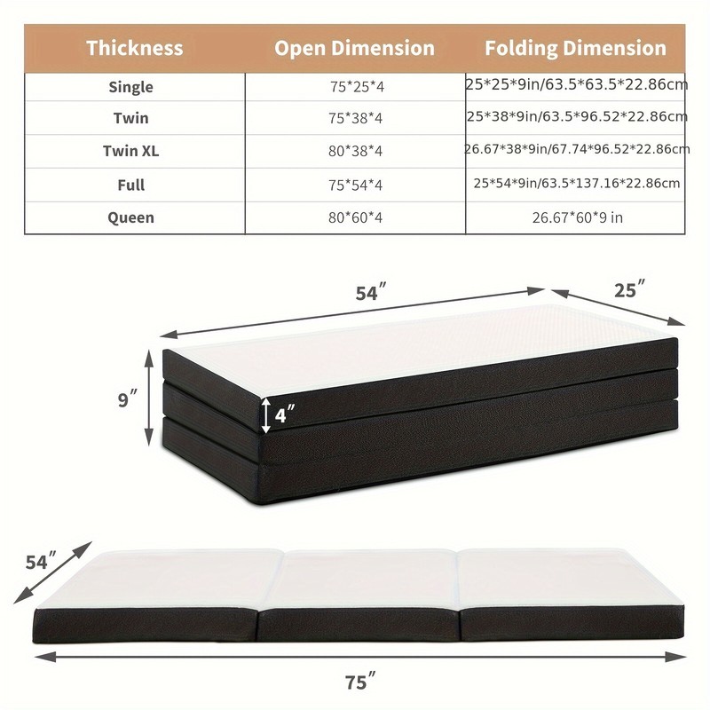 4-Inch Tri-Fold Memory Foam Folding Mattress Topper Portable for Camping, Guest gallery