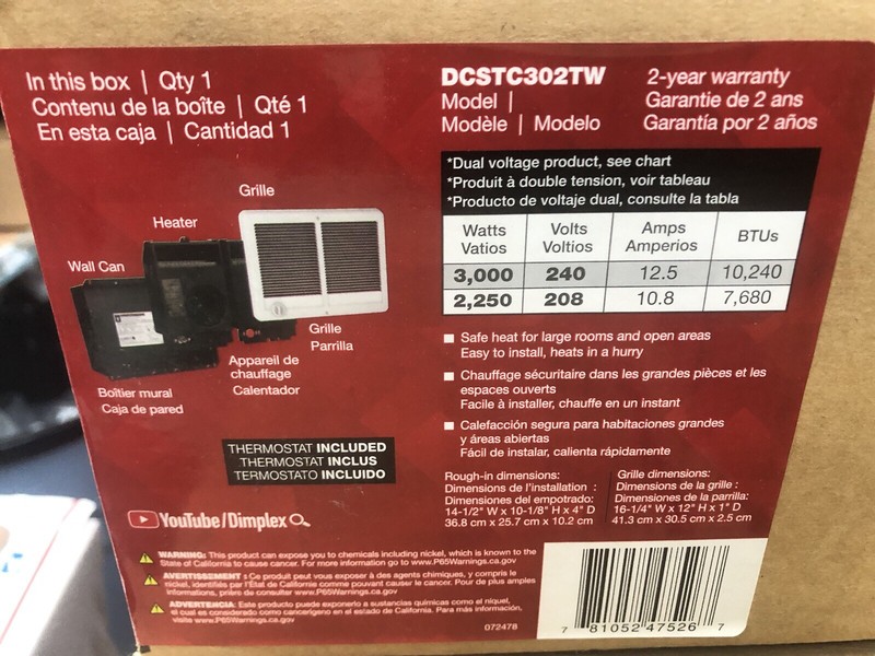 Dimplex DCSTC302TW 3000-Watt 240-Volt Forced Air Heater Wall Mount (47526) New gallery
