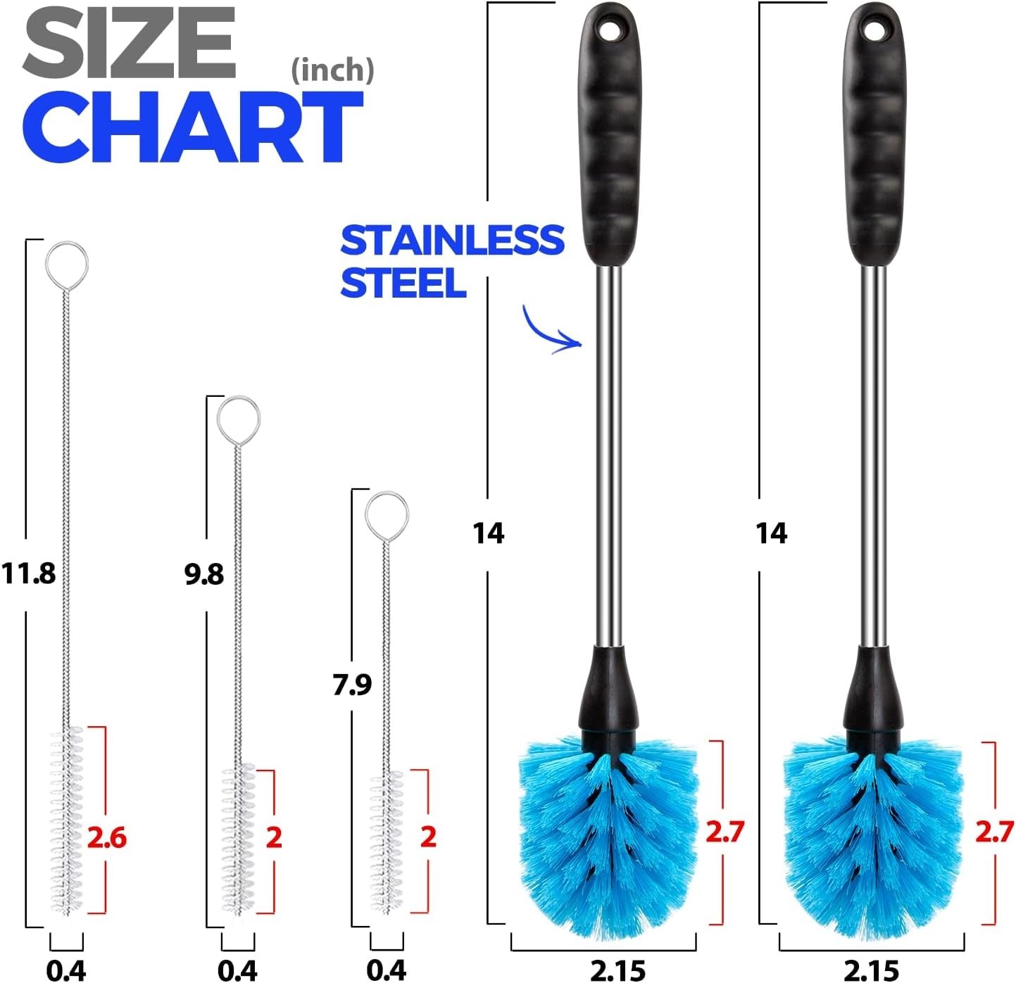 Bottle Brush Cleaner Set 14" Long Handle Stainless Steel Bottle Cleaner 5 Pack gallery
