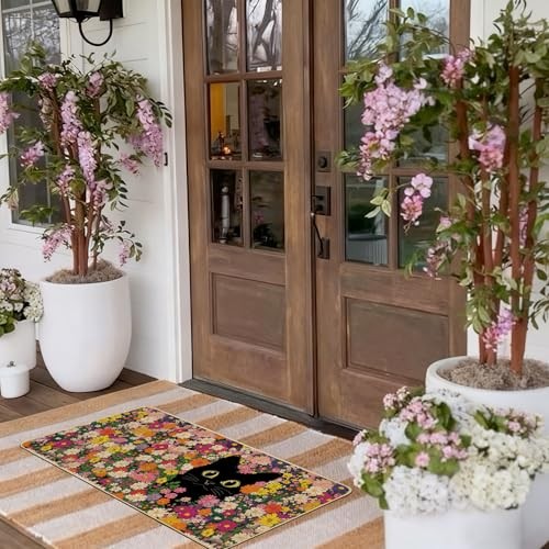 Spring Summer Doormat Outdoor Outside,Black Cat Flowers Welcome Door Mat Low gallery