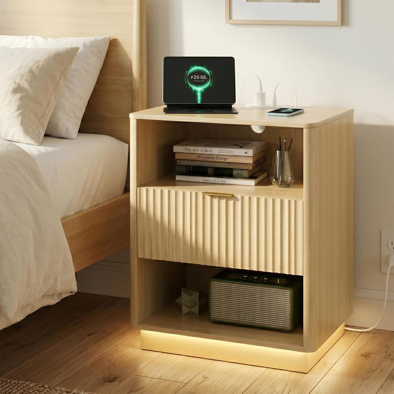 Modern Fluted Nightstand with Charging Station & LED Light, Light Oak gallery