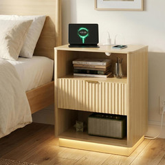 Modern Fluted Nightstand with Charging Station & LED Light, Light Oak
