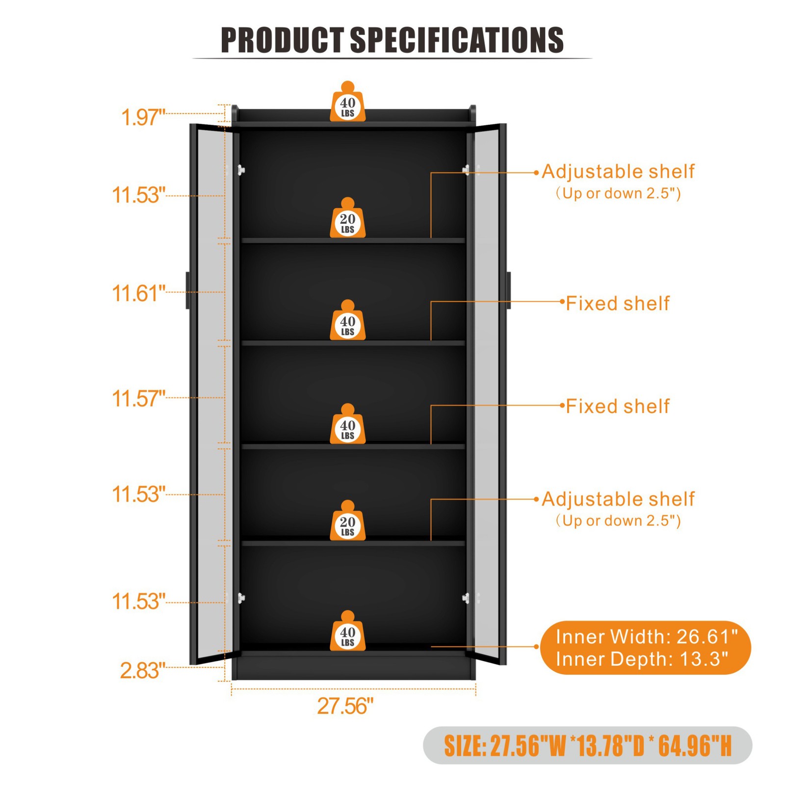 65" Display Cabinet with Lights, 5 Tier Curio Cabinets with Adjustable Shelves gallery