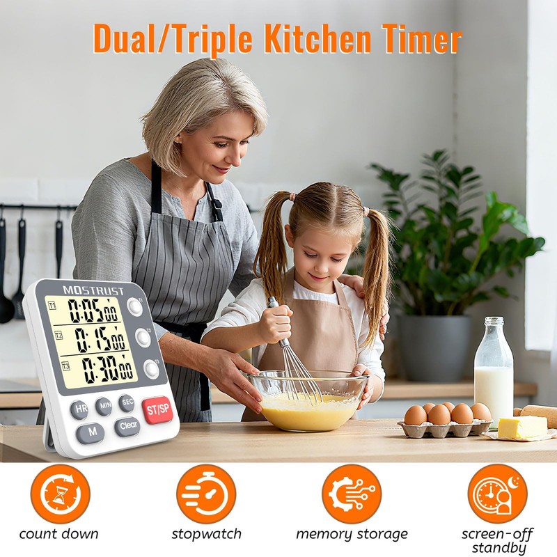 MOSTRUST Digital Dual Kitchen Timer, 3 Channels Countdown Triple Timer for Co... gallery