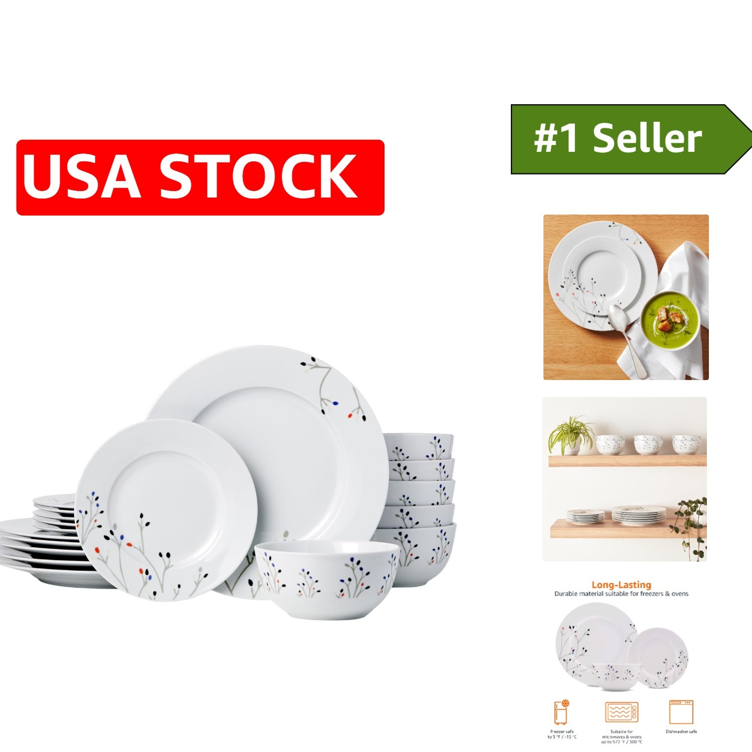 Luxury 18-Piece Porcelain Dinnerware Set for 6 - Glossy Finish, Everyday Use gallery