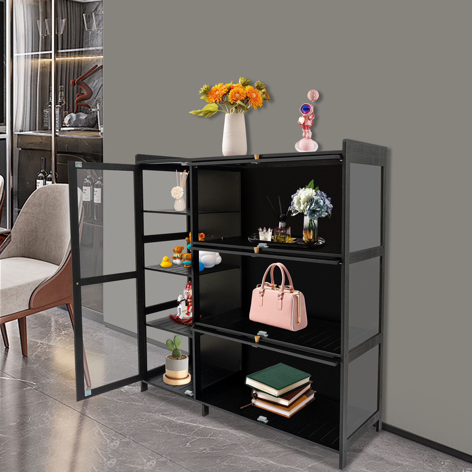 For Entryway Bamboo Display Cabinet Storage Cabinet with Doors Black Showcase gallery