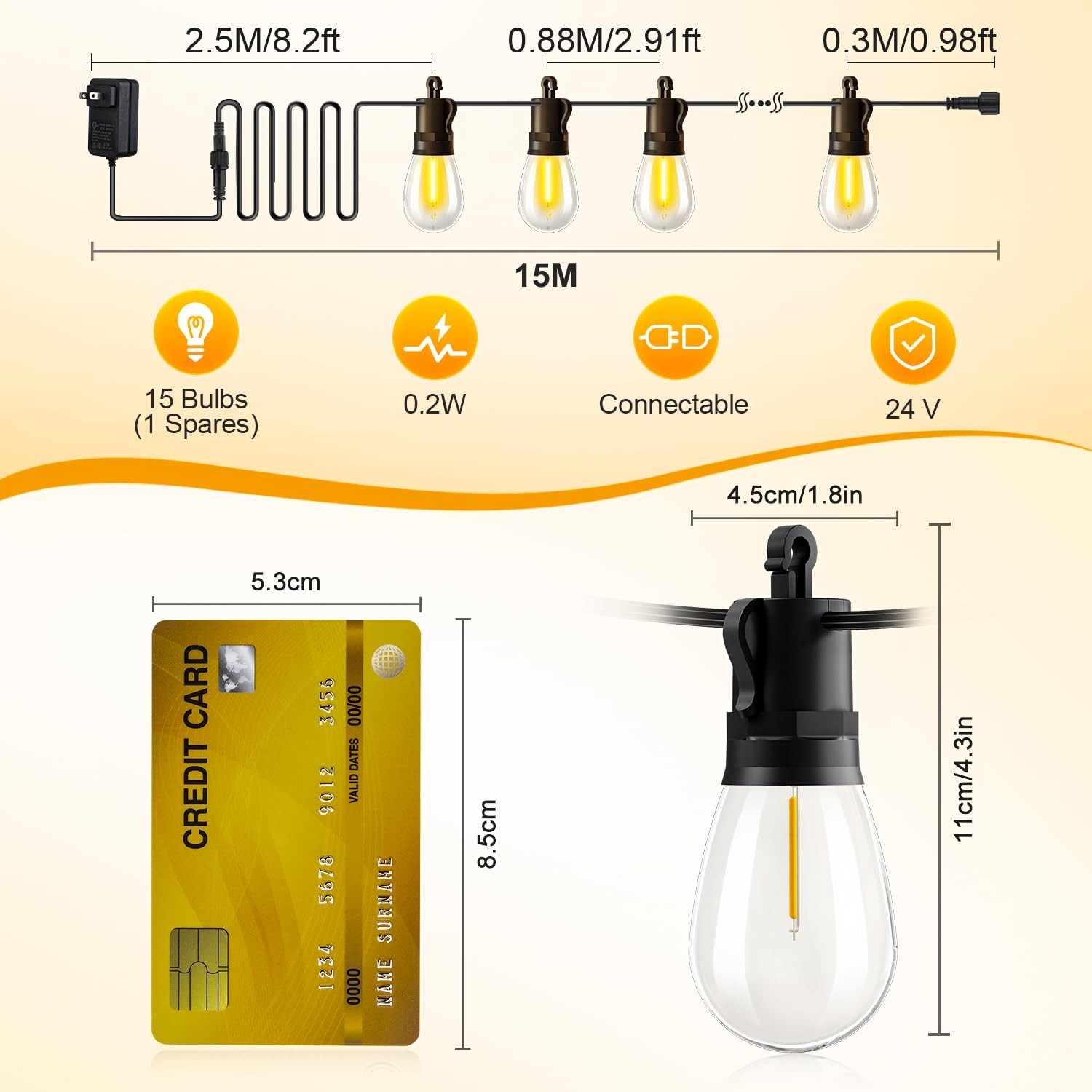 Outdoor String Lights Patio LED Light Outside 50Ft 15M Waterproof Remote Dim... gallery