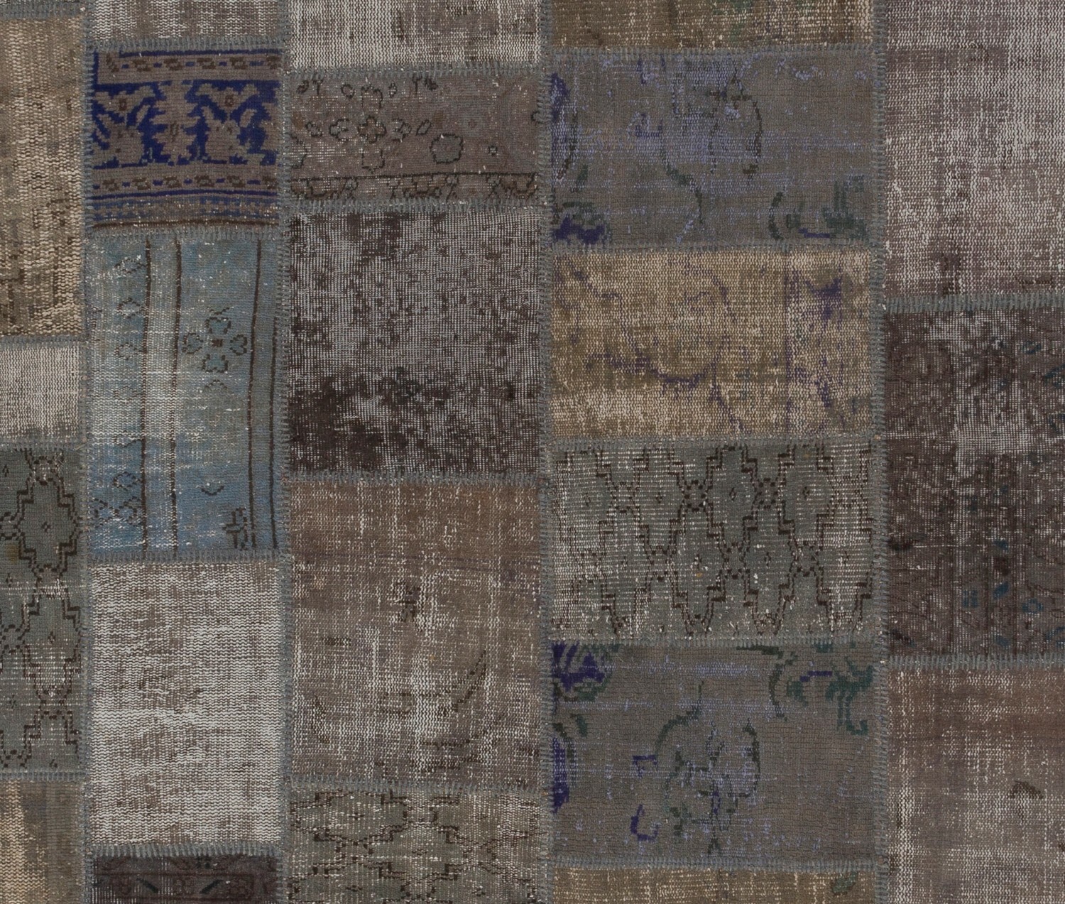 Contemporary Handmade Turkish Patchwork Rug in Shades of Gray, Brown and Blue gallery
