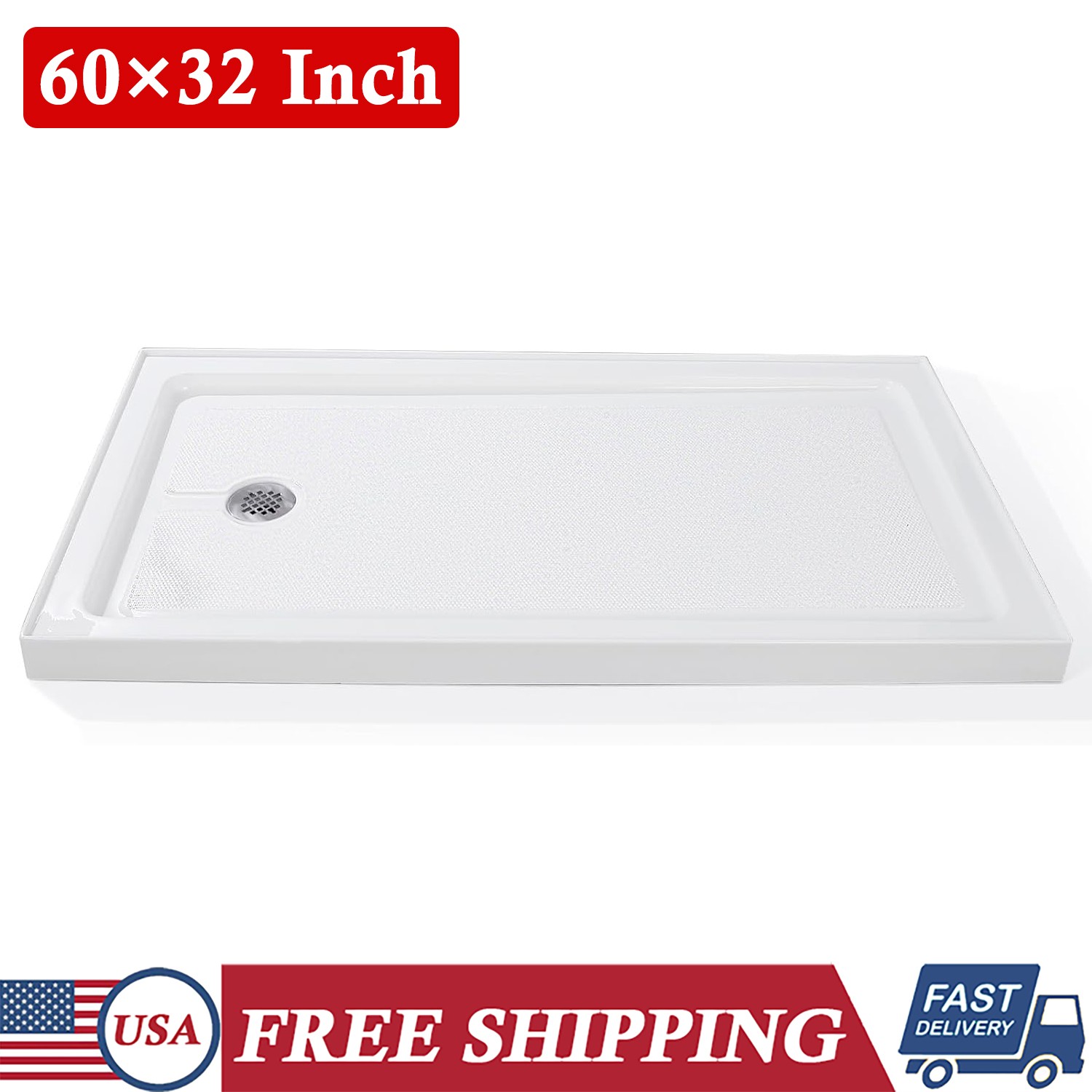 60" x 32" Shower Base Shower Pan Single Threshold with Stainless Steel Drain gallery