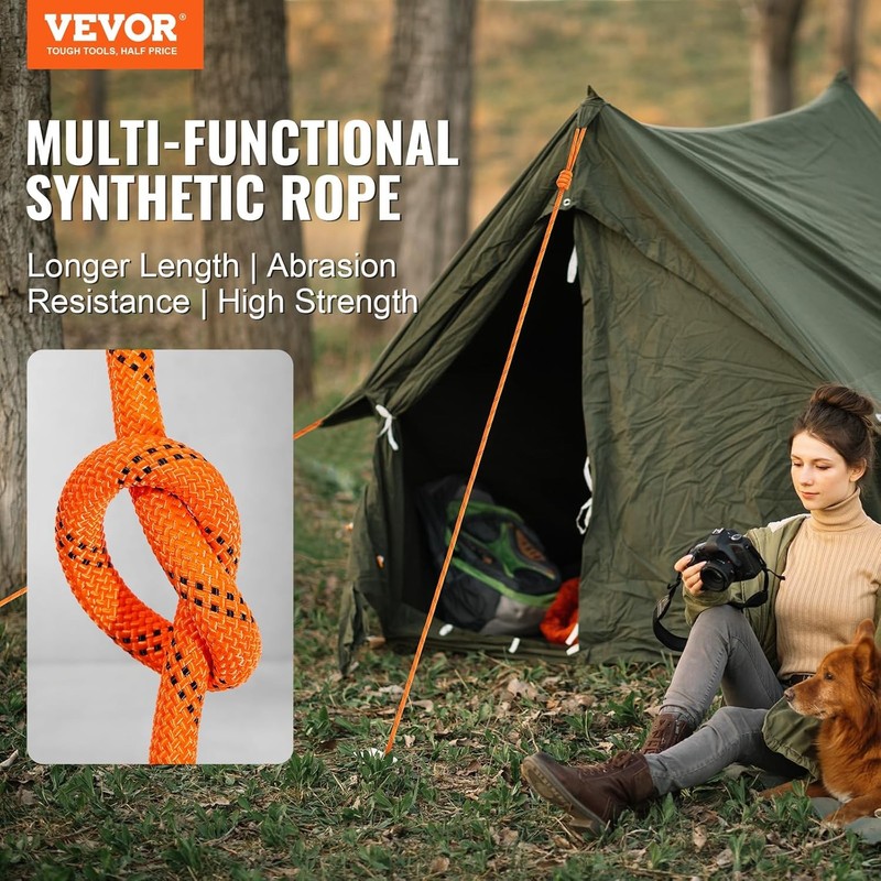 VEVOR Double Braided Polyester Rope, 1/2 in x 120 Inch x 120 FT, Orange gallery