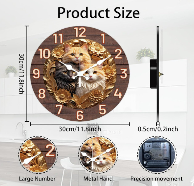 CHGCRAFT Cat and Flower Pattern Wall Clock 12 Inch Non-Ticking Clocks Flat Print gallery