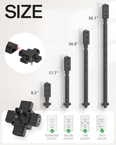 2-Pack Black Electrical Outlet Extender Stick 4-Way Flat Plug 8"-36 gallery