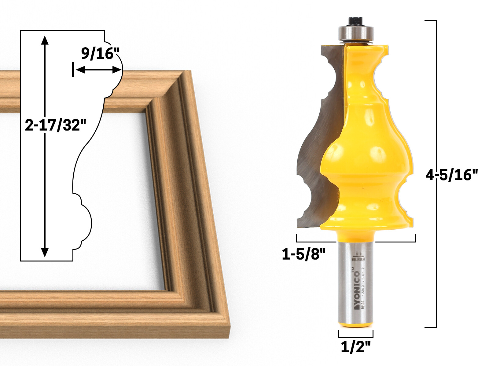 Large Elegant Picture Frame Molding Router Bit - 1/2" Shank - Yonico 16192 gallery