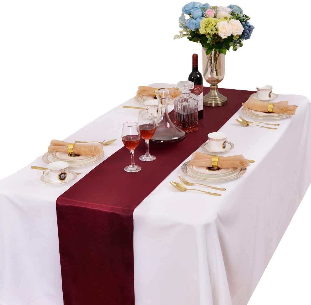 5 PCS Satin Table Runner Wedding Banquet Decoration 12x108 Inch Burgundy gallery