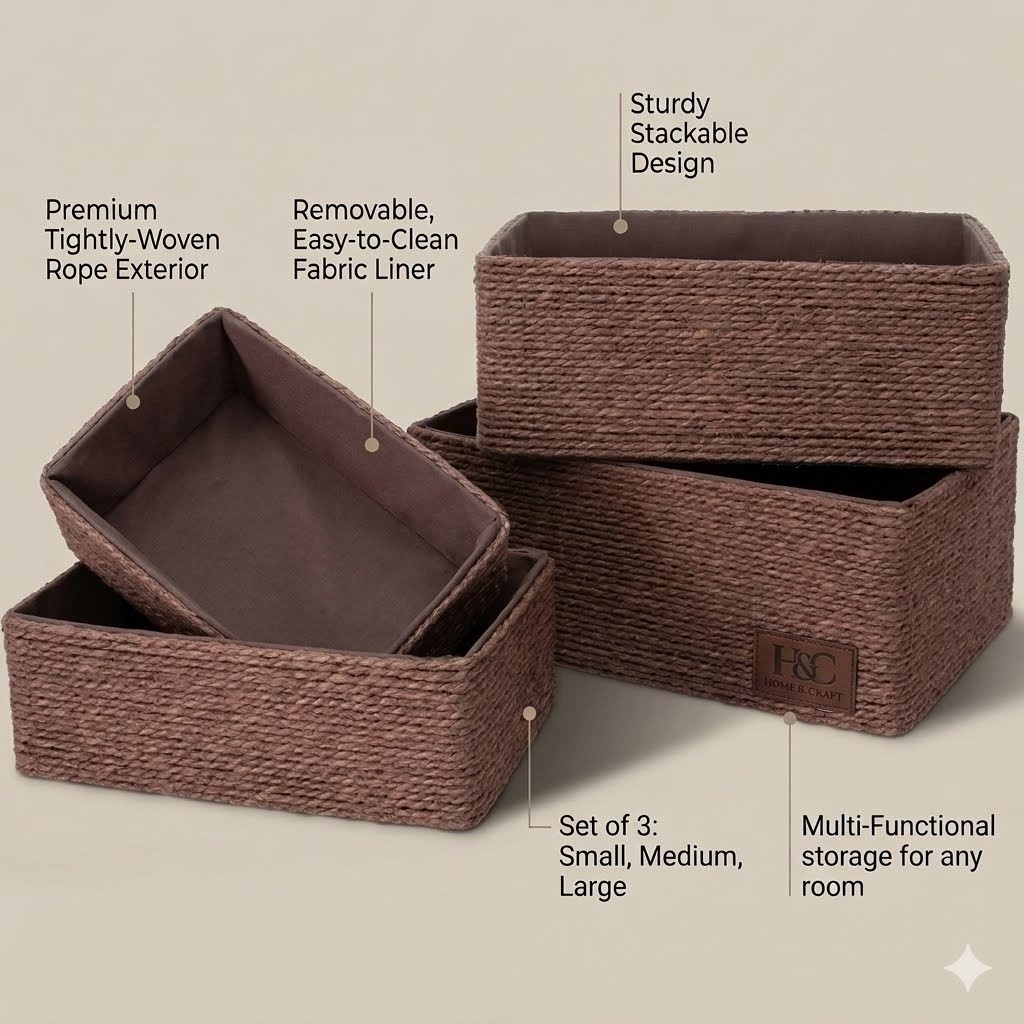 4 Pack Woven Storage Baskets Paper Rope Basket Set Closet Organizer Bins Brown gallery