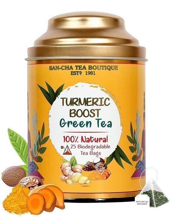 SAN CHA Turmeric Tea, 25 Pyramid Tea Bags, Green Tea Blended With Curcumin Rich gallery