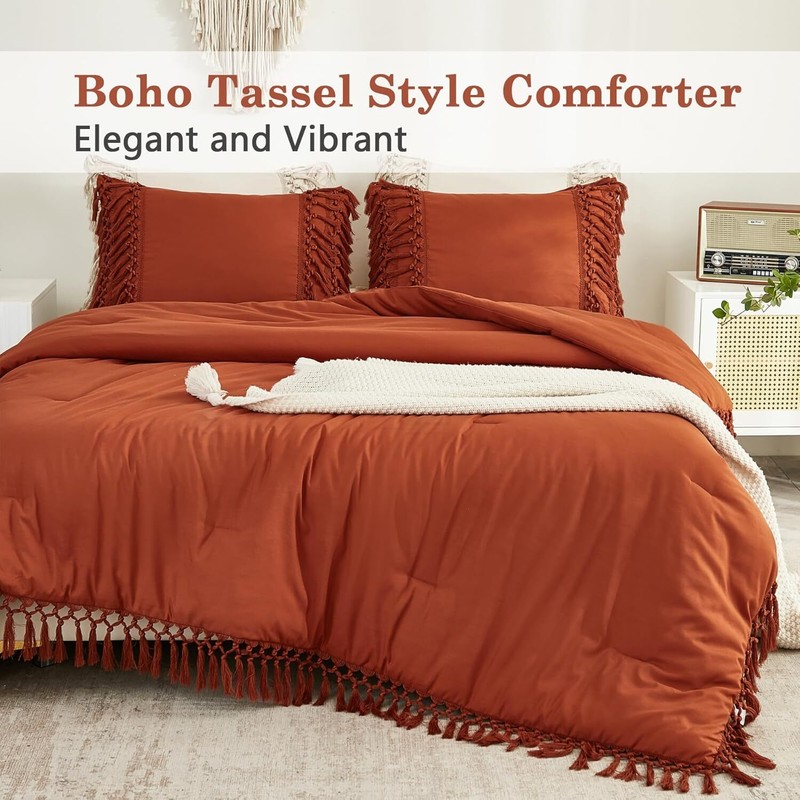 Burnt Orange Comforter Set BohemianTerra Cotta Fringe LightweightFluffy Bedding gallery