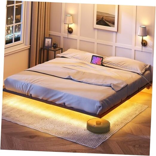 Floating Bed Frame Size, Bed Frame with Charging Station and LED Lights, King