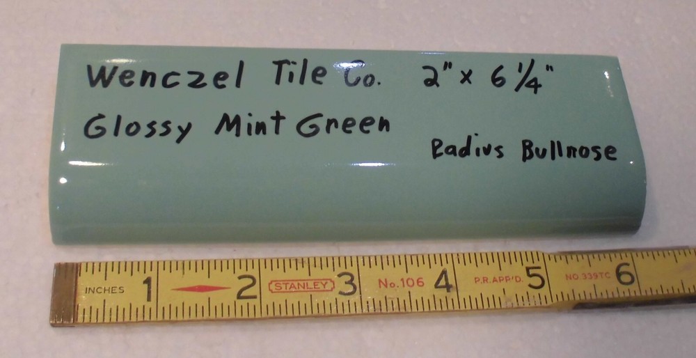 1 pc. Mint Green: Glossy Ceramic Radius Bullnose Tile: Wenczel Co. 2" X 6-1/4"