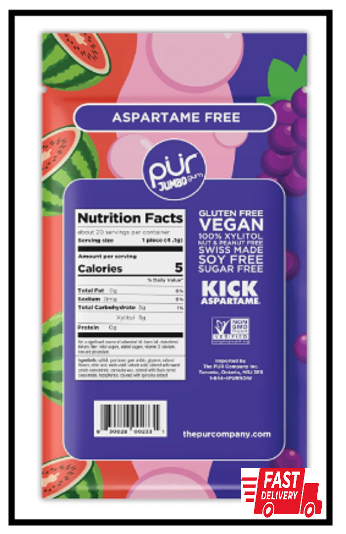 PUR Chewing Gum Natural Bubblegum,Grape, Watermelon Flavor, 20 Pieces (Pack of3) gallery