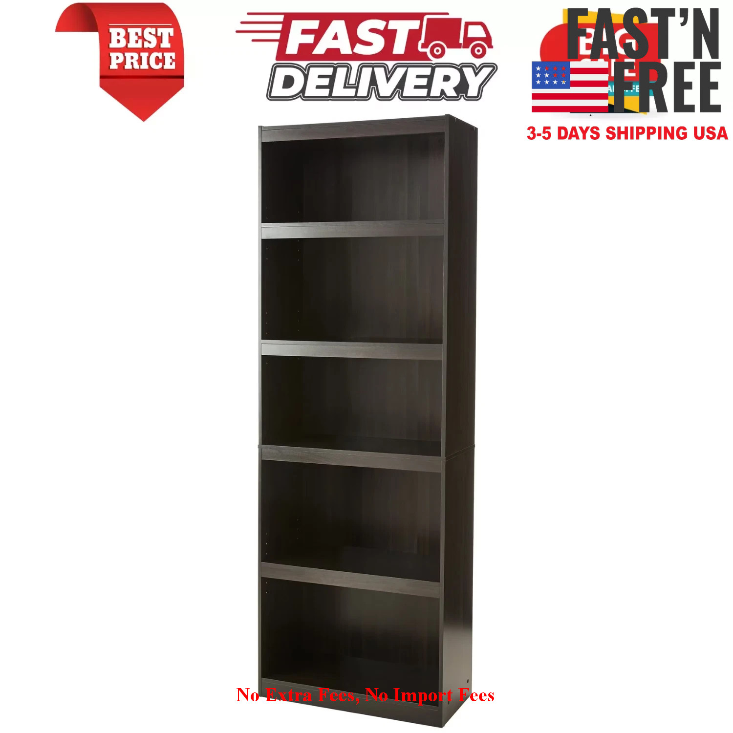 5-Shelf Wood Bookcase Adjustable Framed Storage Wide Shelf 71 in Tall, Espresso gallery