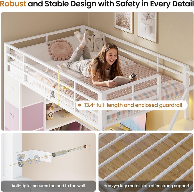 Loft Bed Twin Size with Storage Stairs,Desk and Power Strips,Metal Twin Loft Bed gallery