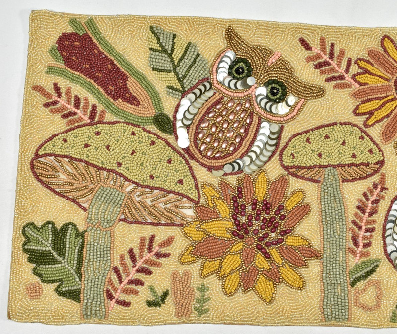 World Market Beaded Table Runner Owl Leaves Mushrooms Botanical Multi 13x36 NEW gallery