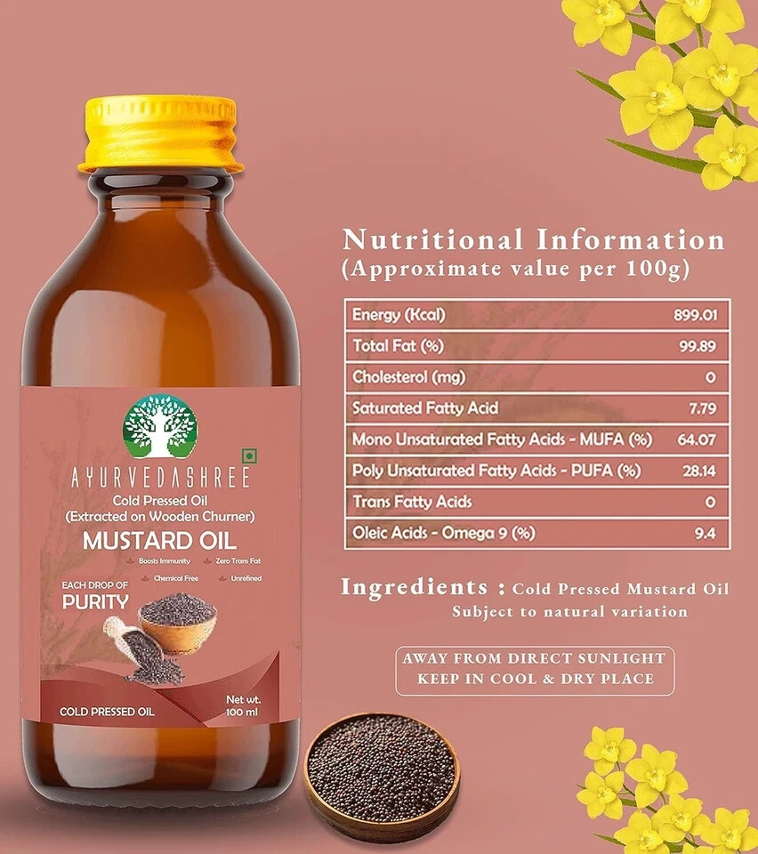 AYURVEDASHREE Cold Pressed Mustard Oil, 3.38 fl 100% Pure Natural, GMO-Free gallery