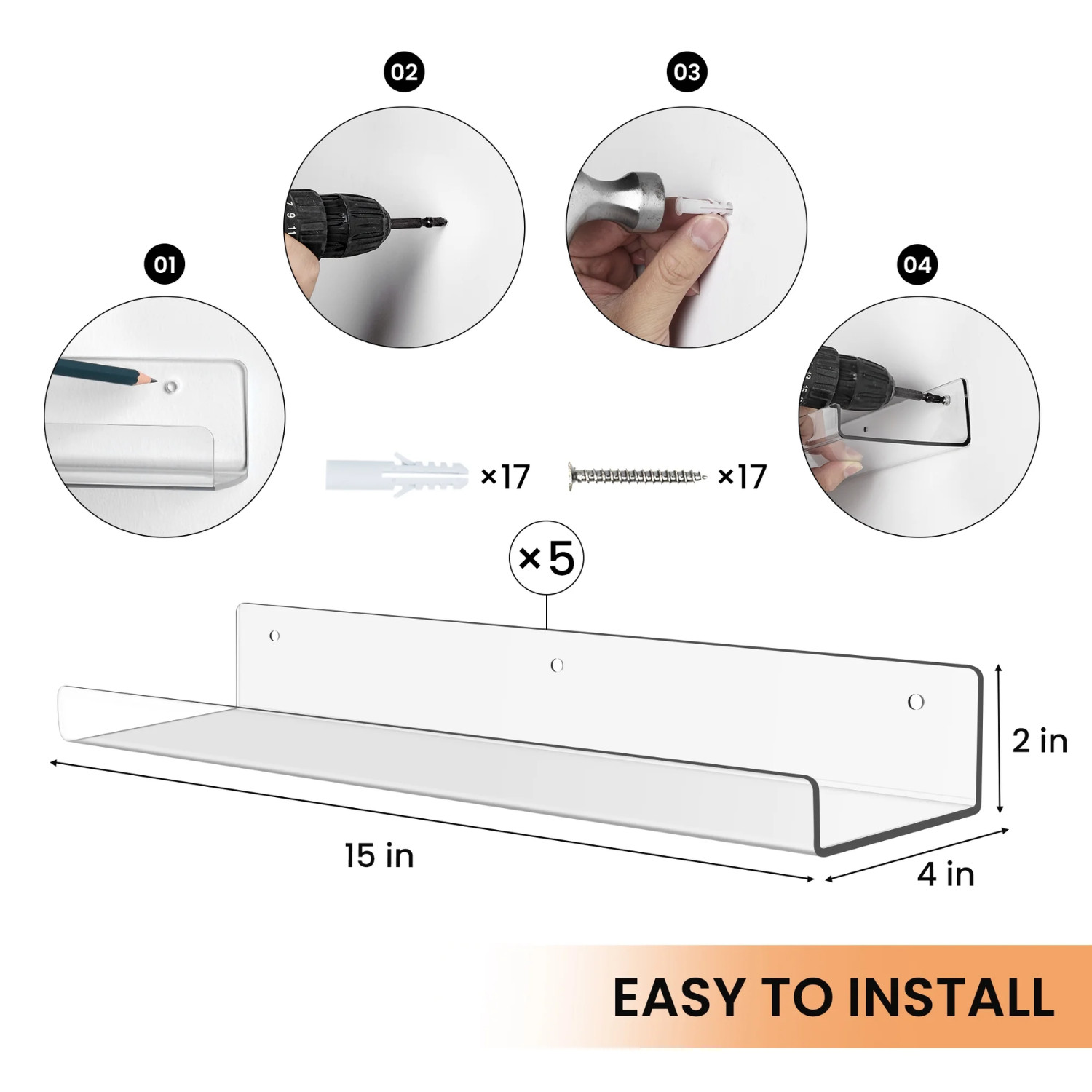 5-Pack 15-in Clear Acrylic Floating Shelves Wall Mounted Upsimples Book Display gallery