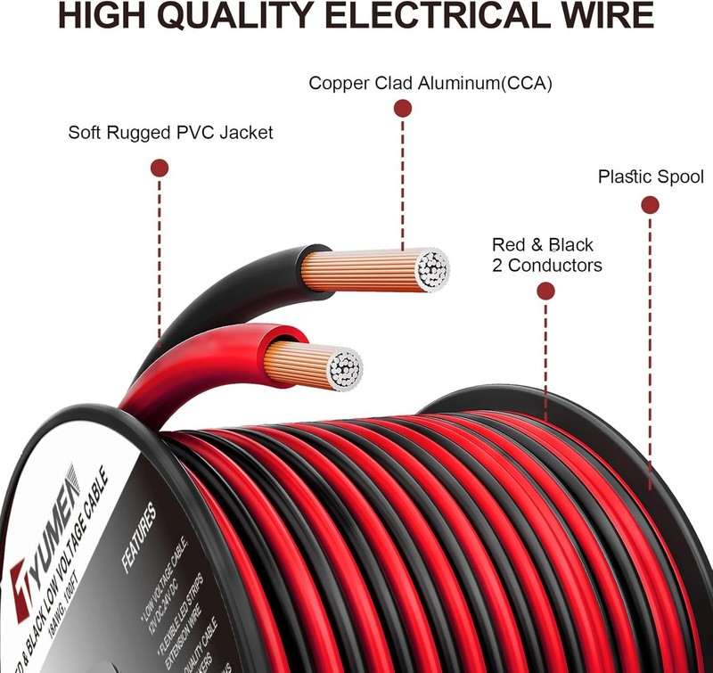 40FT 18 Gauge LED Strip Connection Wire - Water-Resistant Red & Black PVC Cable gallery