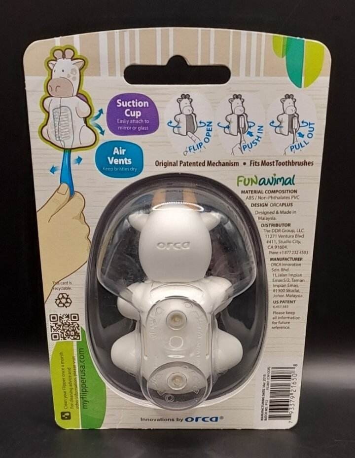 Flipper Fun Animal Toothbrush Holder - Cow 🐄 - White/Gray Dual Suction Cup ORCA gallery