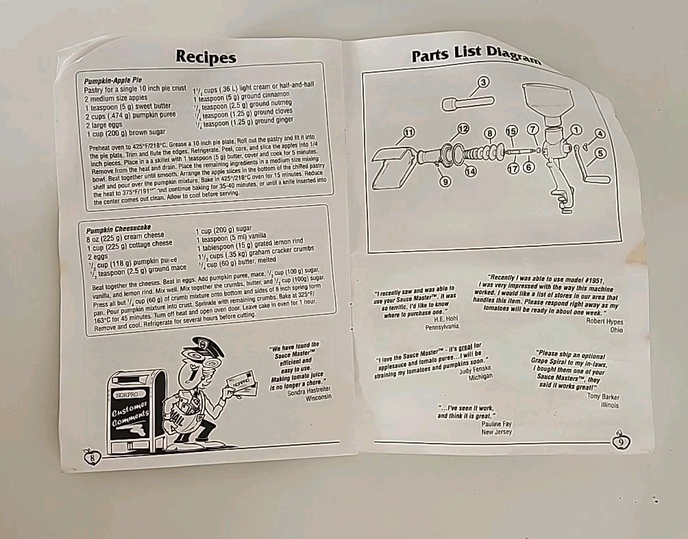 NORPRO Sauce Master Food Strainer Instruction Manual & Recipe Book Replacement gallery