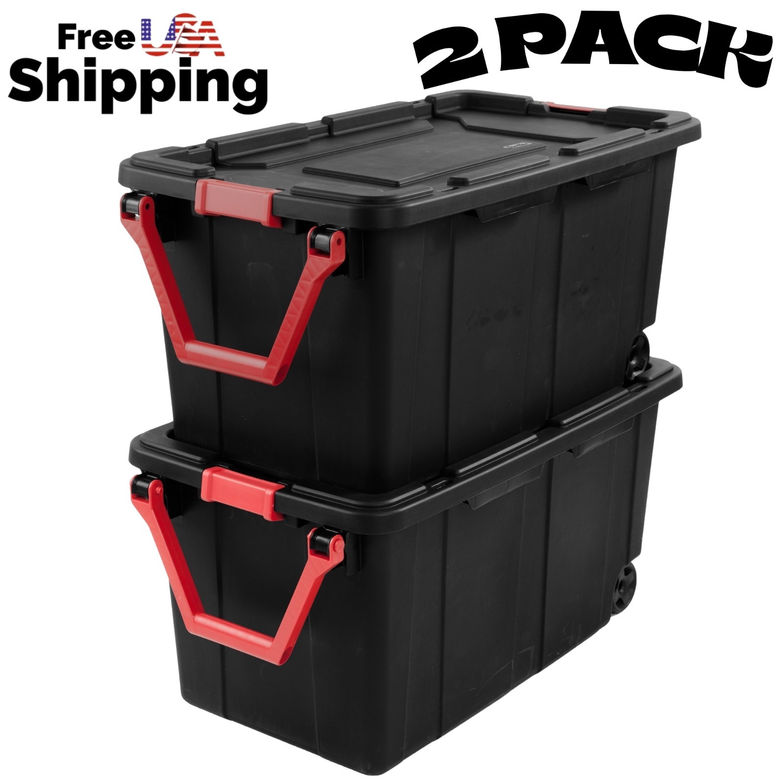 2-Pack 40 Gallon Wheeled Industrial Storage Tote Bin Latch Lid Stackable Black gallery