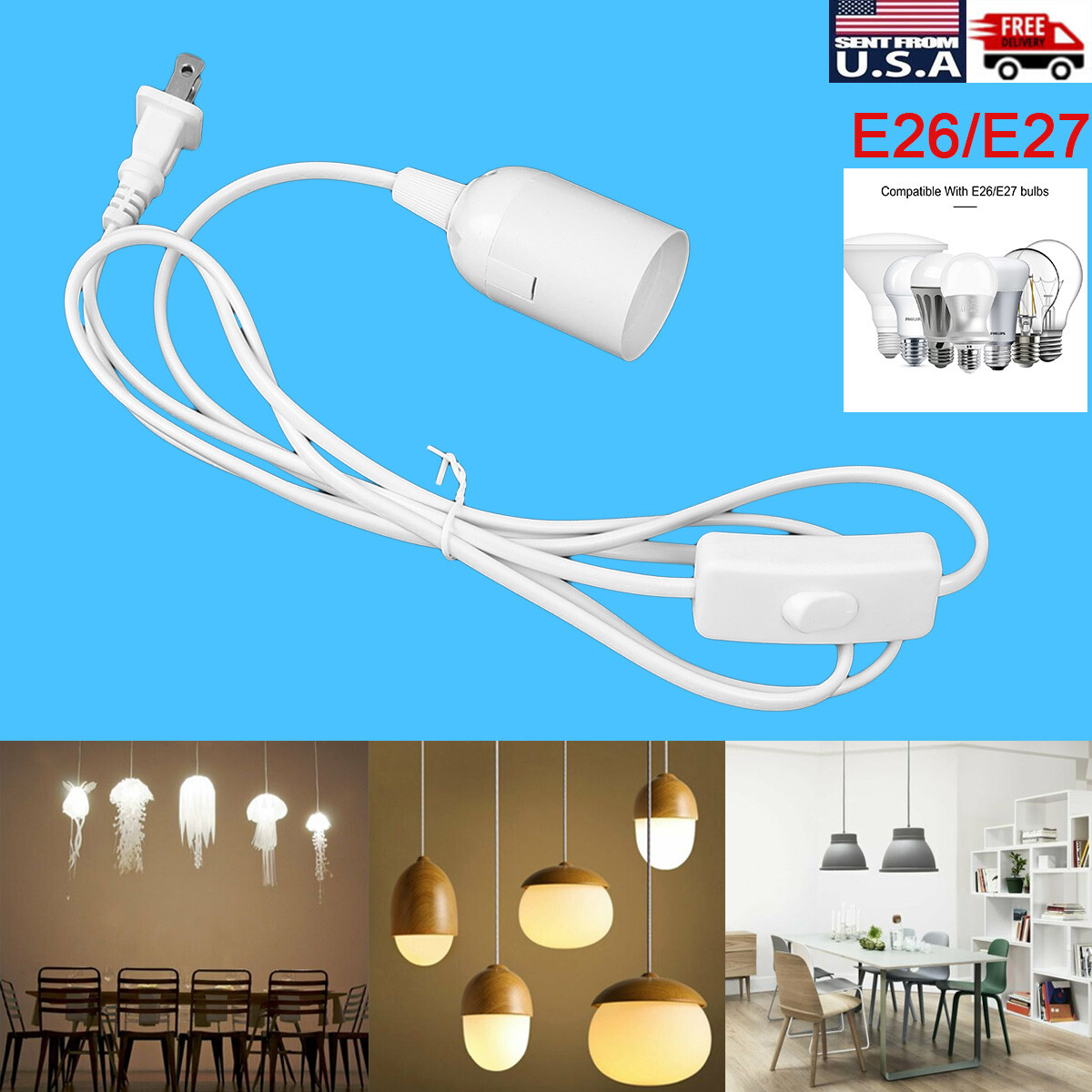 E26/E27 Bulb Socket Extension Hanging Pendant Light Lamp Cord Cable Switch 1.8M gallery