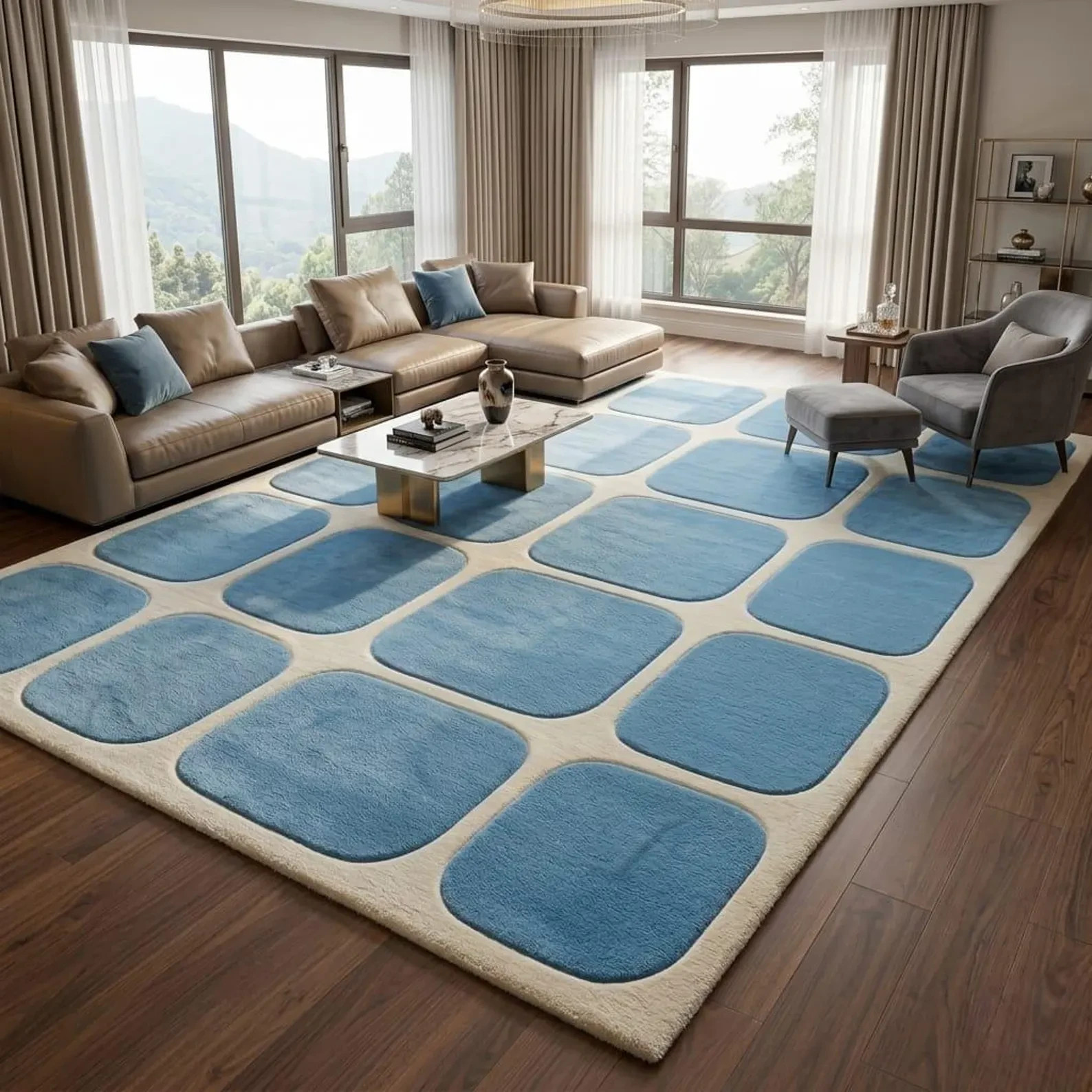Hand Tufted Wool Area Rug Blue Geometric Design Custom Size Modern Home Decor6x9 gallery