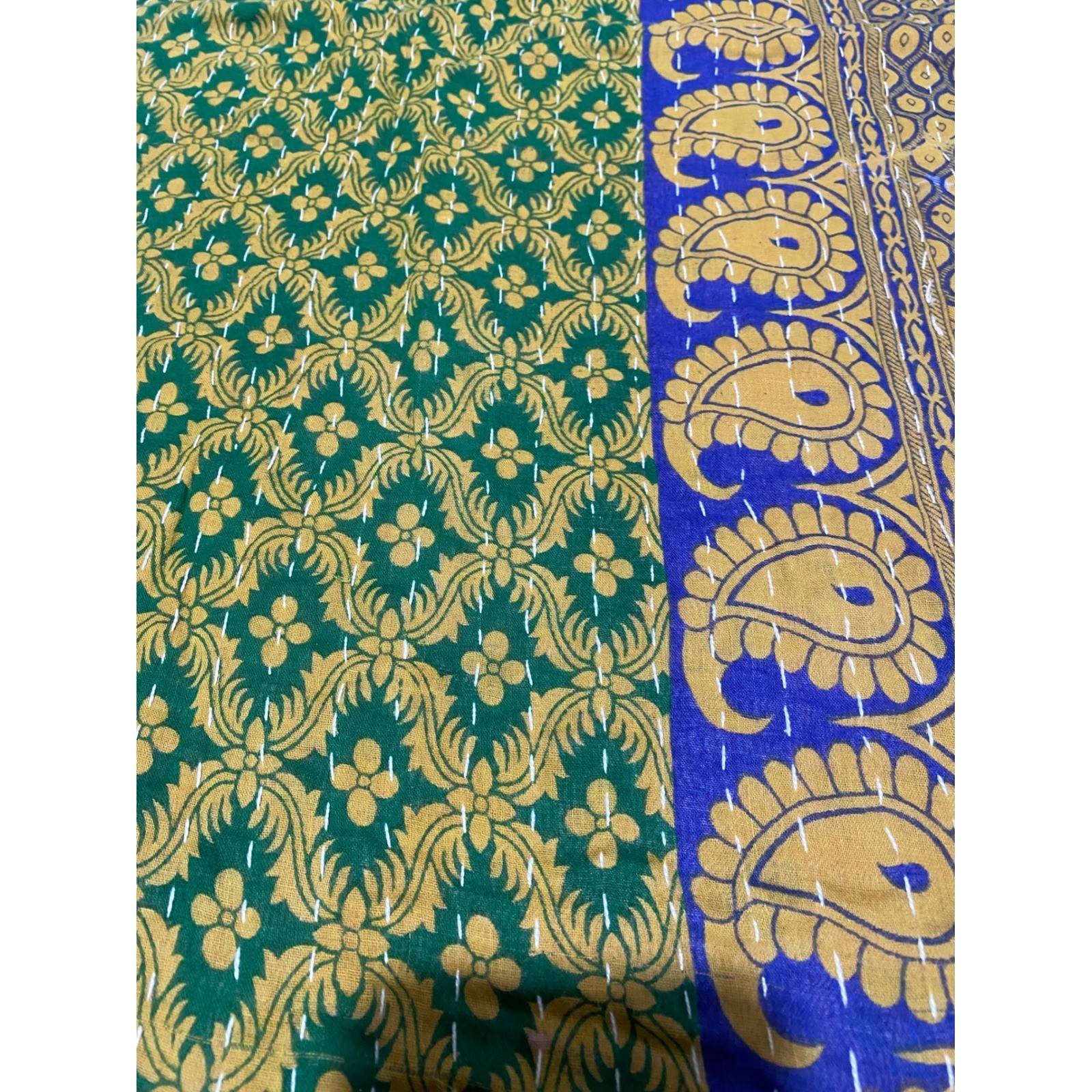 Kantha Quilt Reversible Cotton Twin Throw Blanket Green Blue Red Paisley Floral gallery