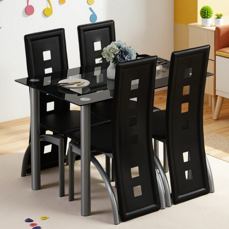 5pcs Dining Set - Tempered Glass Table ,4 Black PU Leather Chairs & Steel Legs gallery