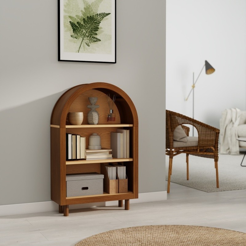 Arched Small Bookcase, Walnut 3-Tier Storage Cabinet with Glaze Finish gallery