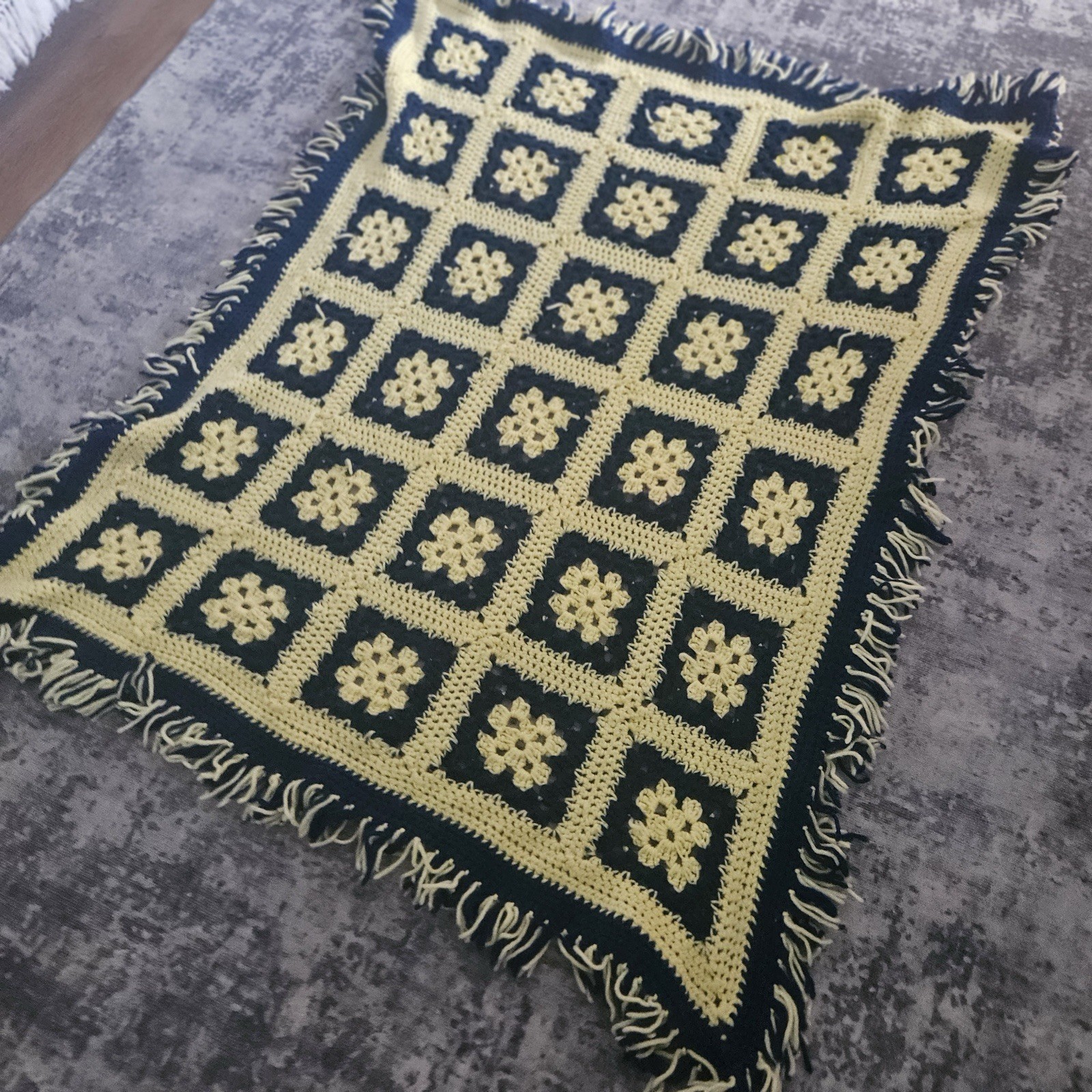 Hand Crochet Afghan Throw Blanket Yellow & Blue 41x 51” Fringe Square gallery