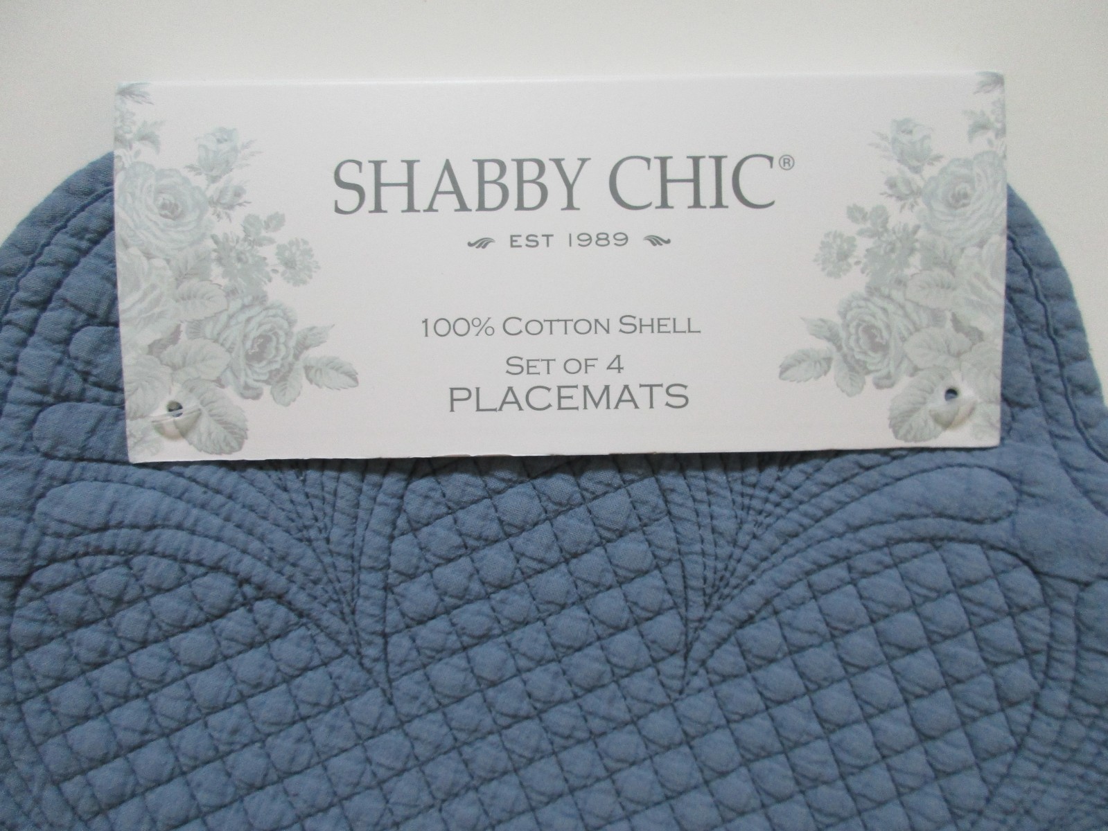 Shabby Chic Set/4 Round Scalloped Edge Blue Quilted Placemats Cotton Cottage gallery
